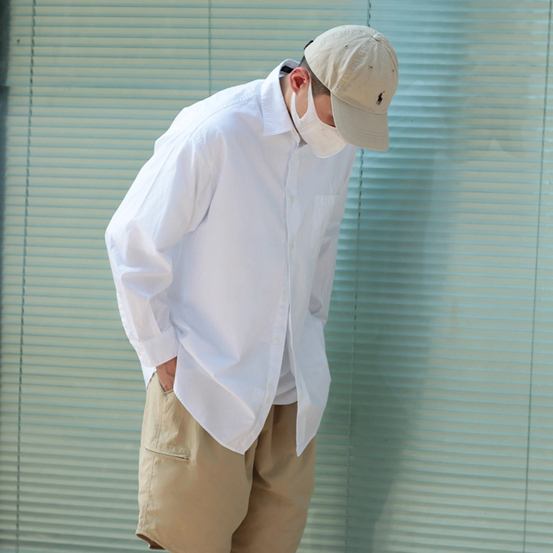 几朴 日系纯色宽松简约尖领单排扣长袖衬衫 男女同款 白色