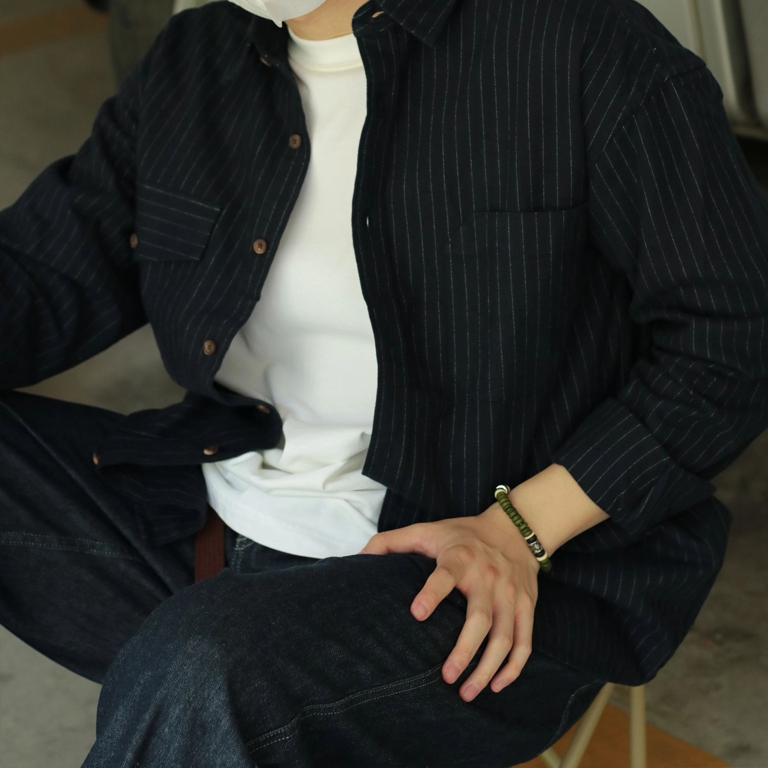 几朴 纯棉条纹双袋休闲宽松长袖衬衫 男女同款 藏青色