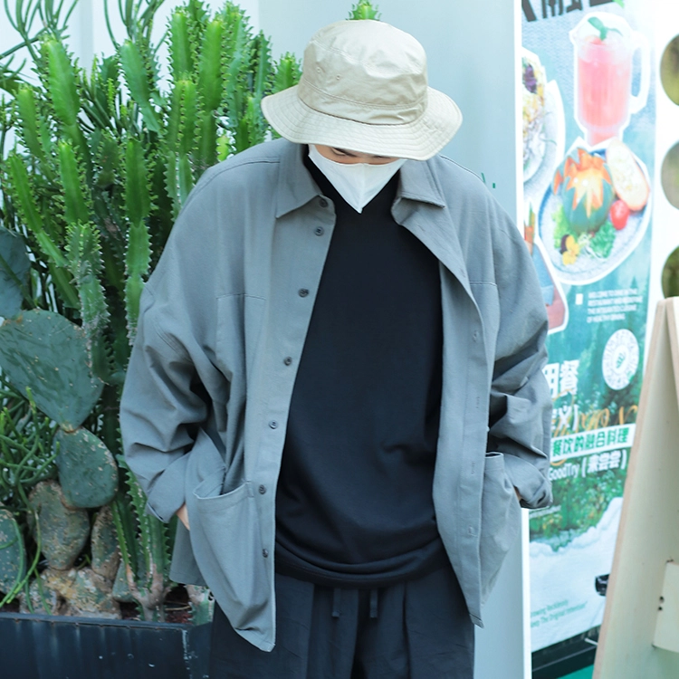 几朴 日系纯色简约大口袋纯棉宽松休闲长袖衬衫 男女同款