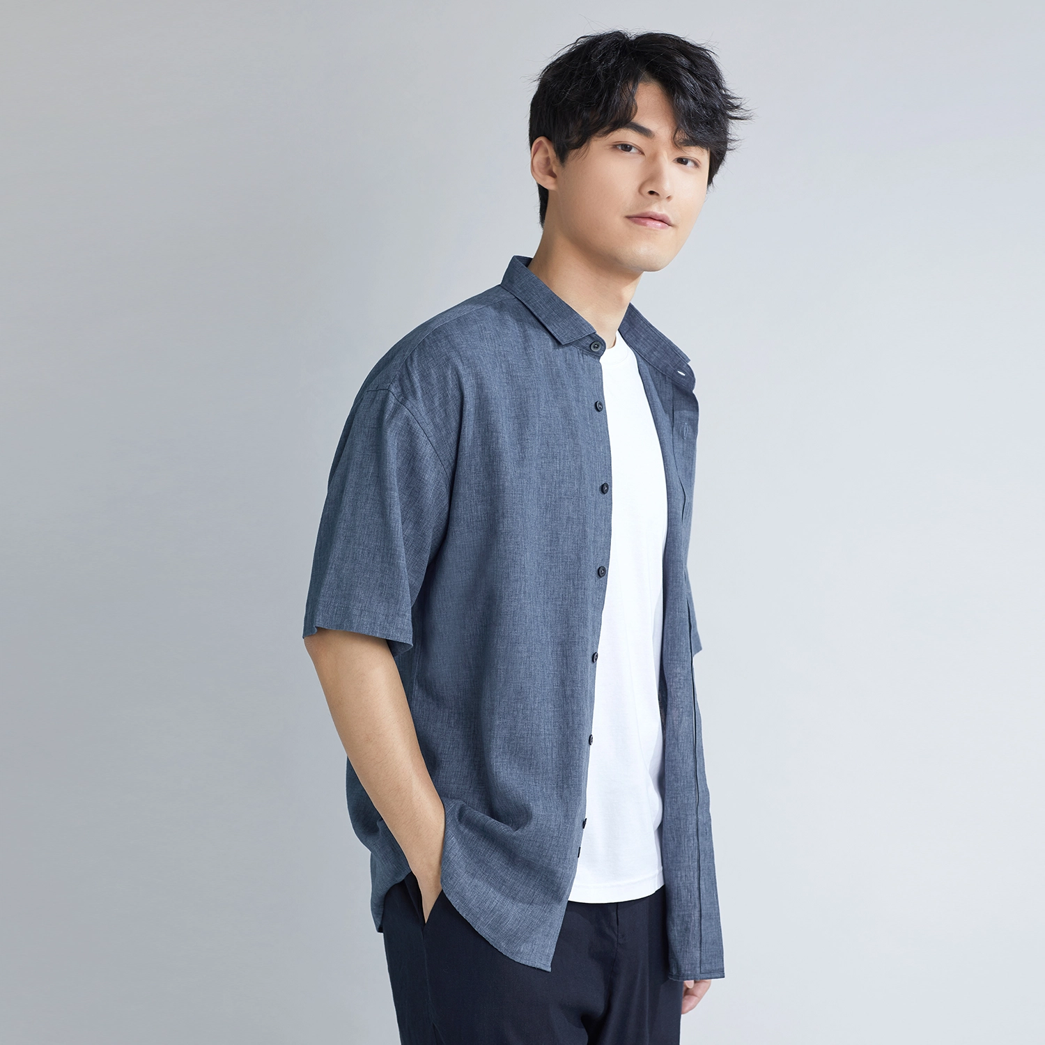 几朴 宽松版小八领涤麻短袖衬衫 男款 灰蓝色