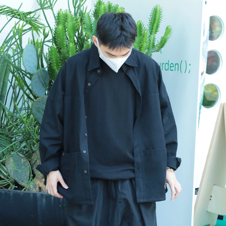 几朴 日系纯色简约大口袋纯棉宽松休闲长袖衬衫 男女同款