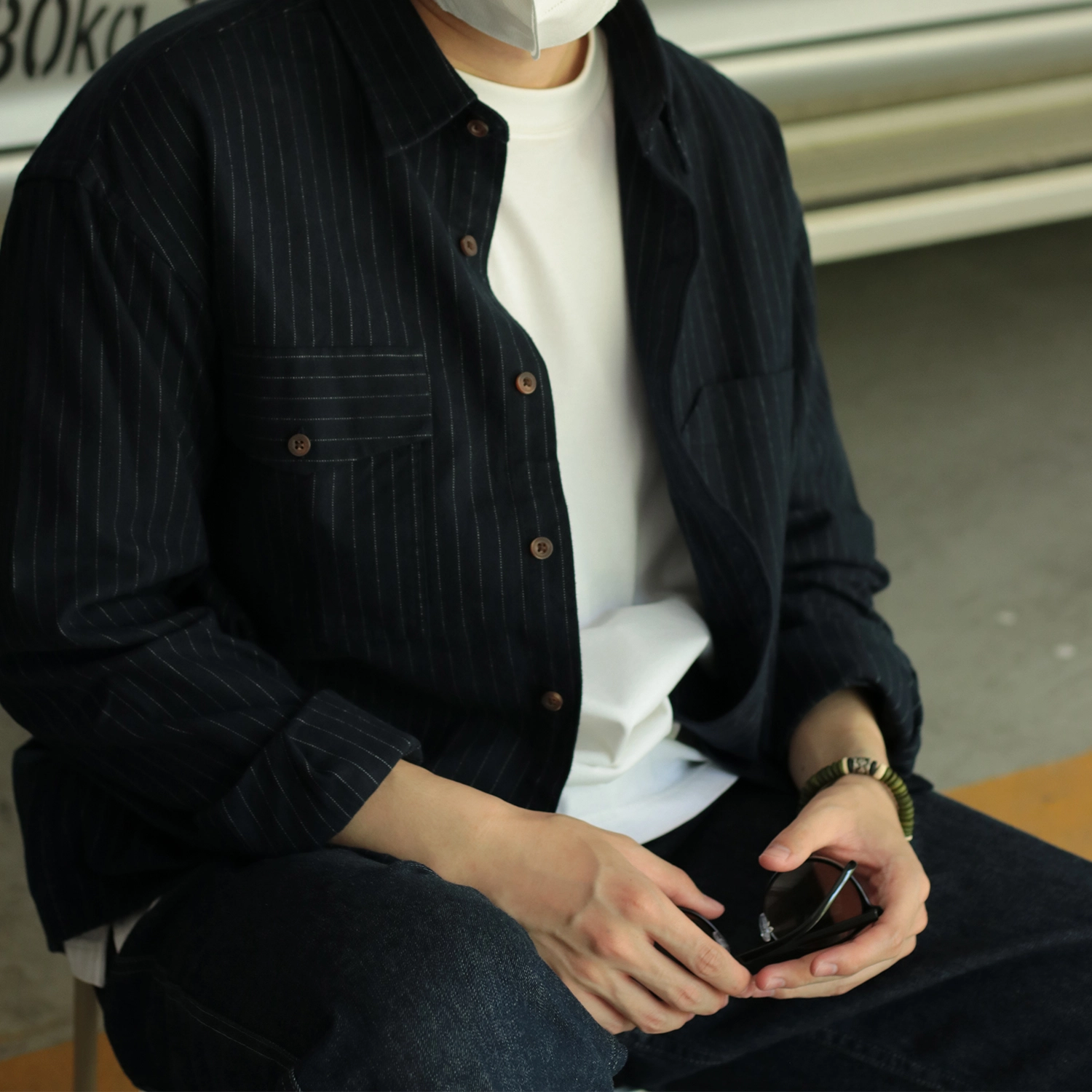 几朴 纯棉条纹双袋休闲宽松长袖衬衫 男女同款 藏青色