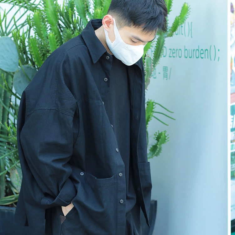 几朴 日系纯色简约大口袋纯棉宽松休闲长袖衬衫 男女同款
