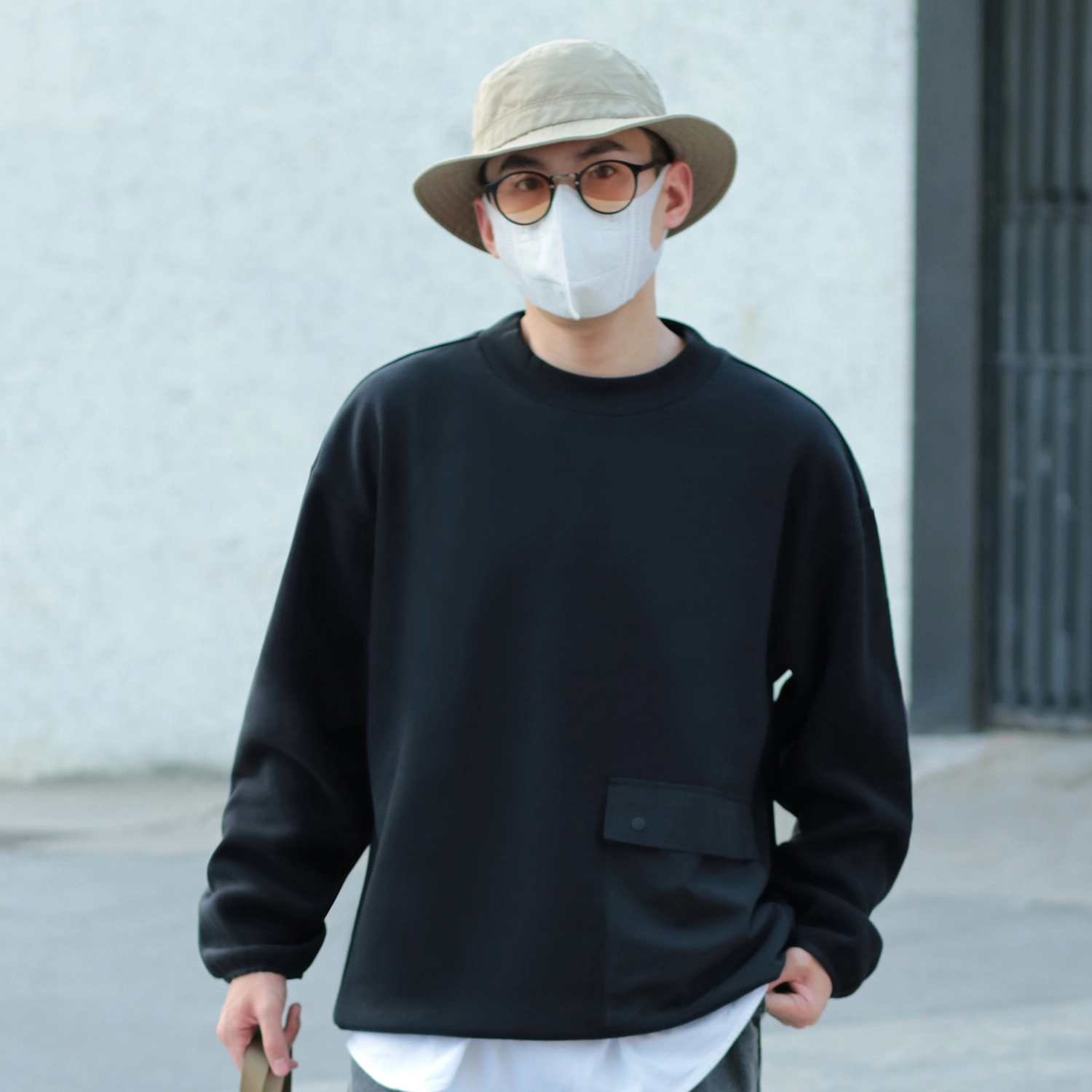 几朴 毛圈布圆领大口袋卫衣 男女同款 黑色