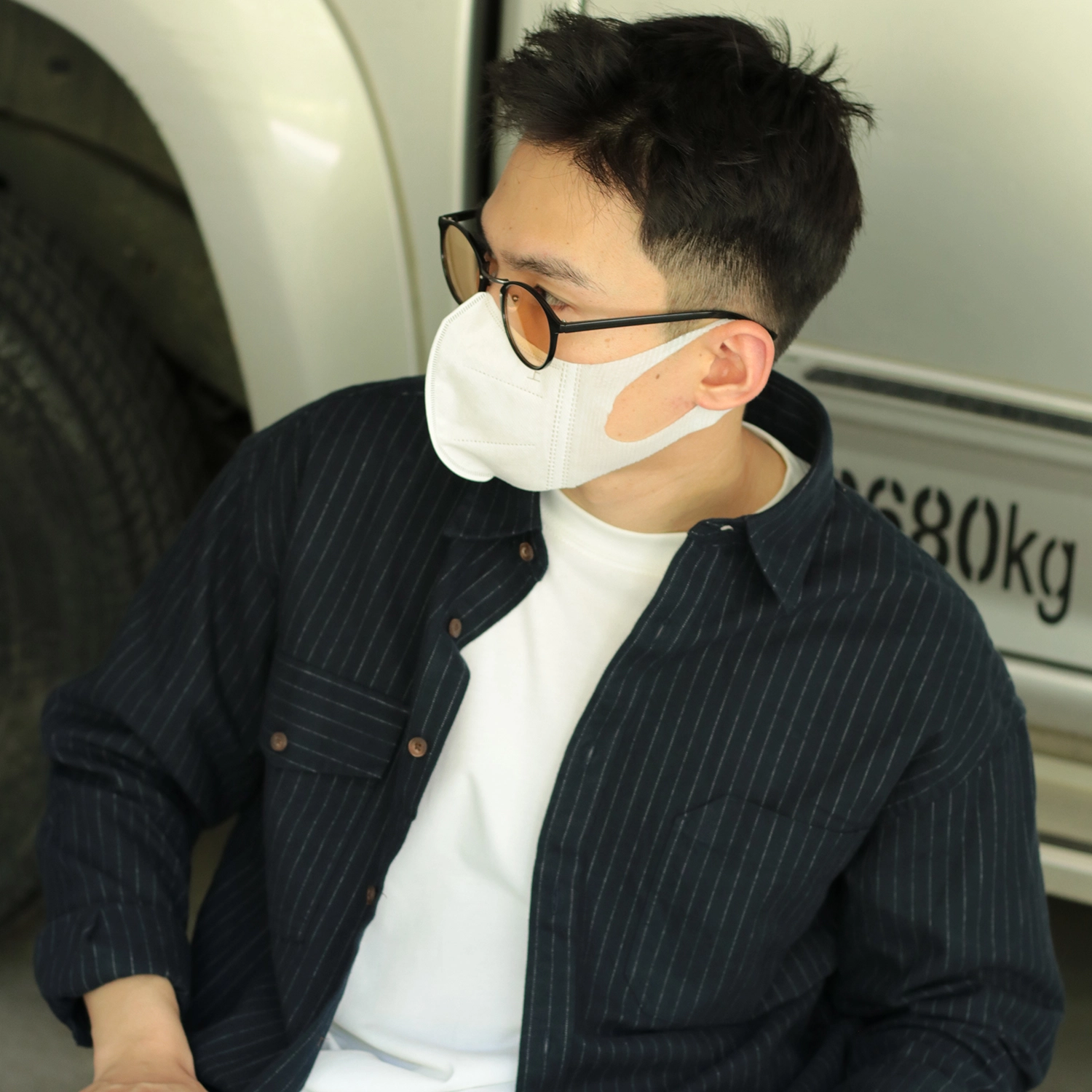 几朴 纯棉条纹双袋休闲宽松长袖衬衫 男女同款 藏青色