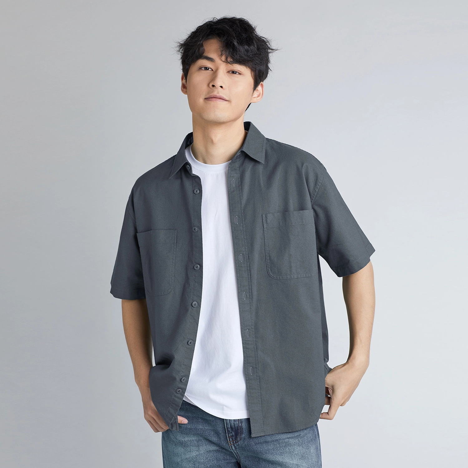 几朴 宽松落肩双口袋工装风短袖衬衫 男款