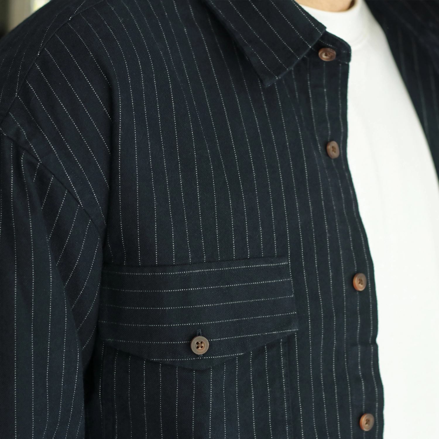 几朴 纯棉条纹双袋休闲宽松长袖衬衫 男女同款 藏青色