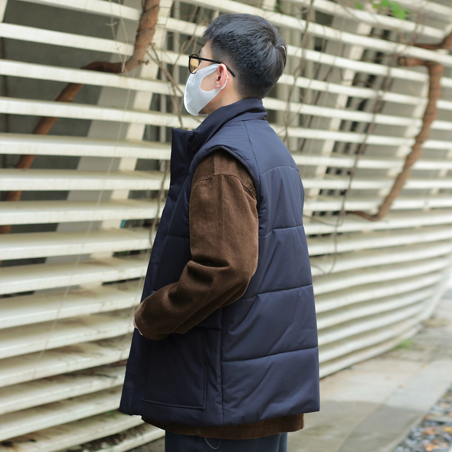 几朴 日系保暖立领夹棉工装马甲 男女同款 藏青色