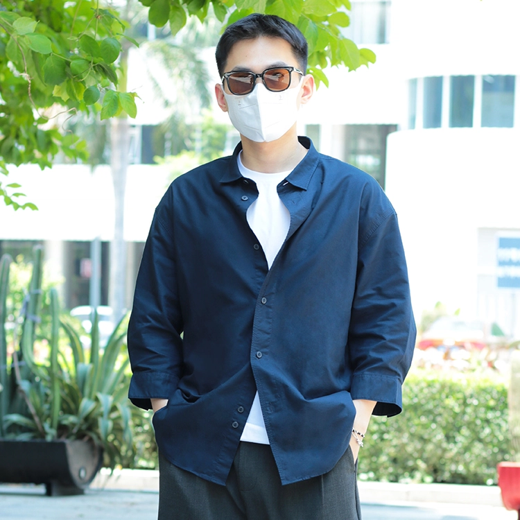 几朴 纯色单排扣尖领休闲七分袖衬衫 男女同款 藏青色