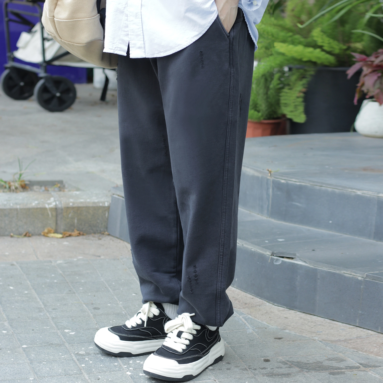 几朴 纯棉宽松系带纯色束脚休闲裤 男女同款