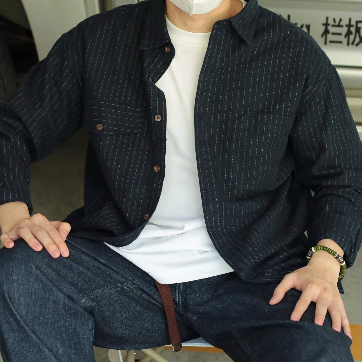 几朴 纯棉条纹双袋休闲宽松长袖衬衫 男女同款 藏青色
