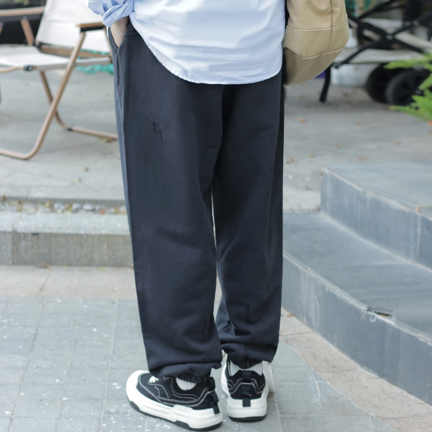 几朴 纯棉宽松系带纯色束脚休闲裤 男女同款