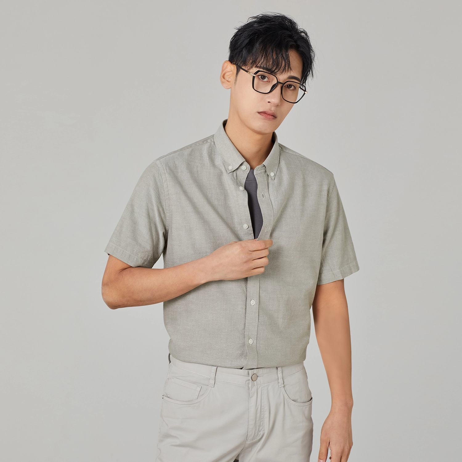 几朴 纯棉基础百搭翻领短袖衬衫 男