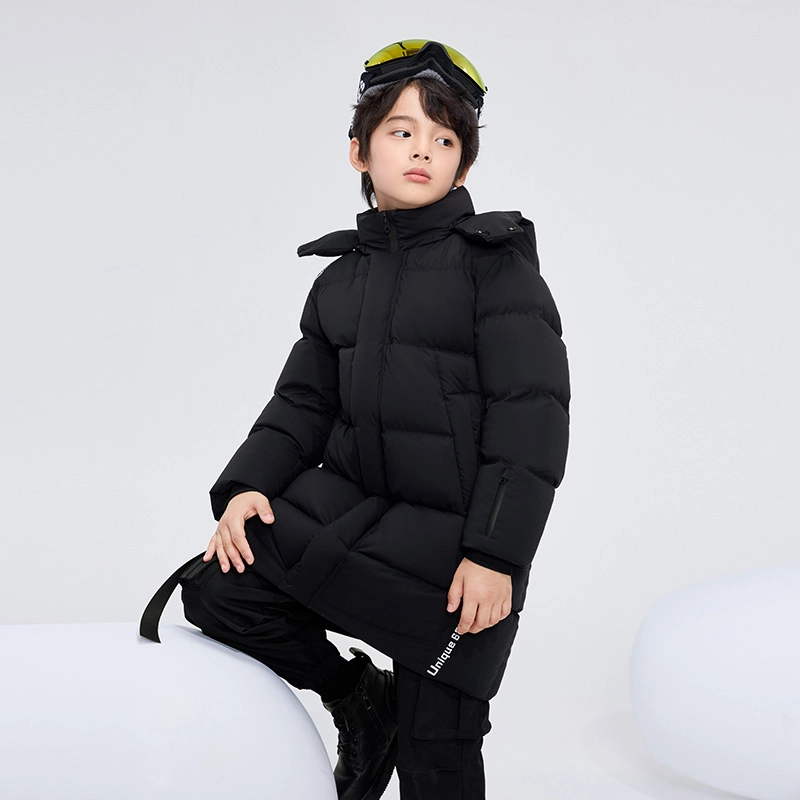 高梵 童装 黑金儿童鹅绒服纯色长款户外滑雪羽绒服 男童女童