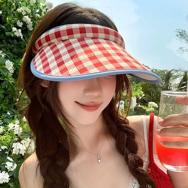 氧气樱桃 日韩系田园蝴蝶结夏季甜美清纯简约网格防晒 涤纶 空顶帽 男女同款情侣款