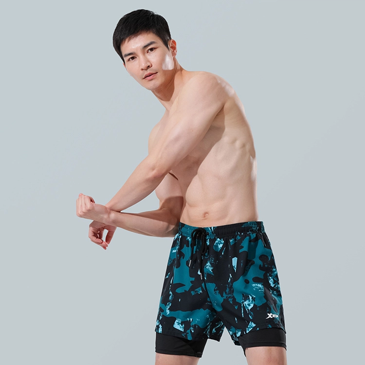 特步 专业速干两用双层沙滩游泳运动健身休闲泳裤 男款 蓝色