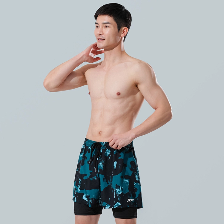 特步 专业速干两用双层沙滩游泳运动健身休闲泳裤 男款 蓝色