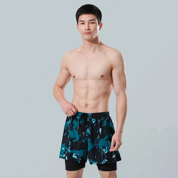 特步 专业速干两用双层沙滩游泳运动健身休闲泳裤 男款 蓝色