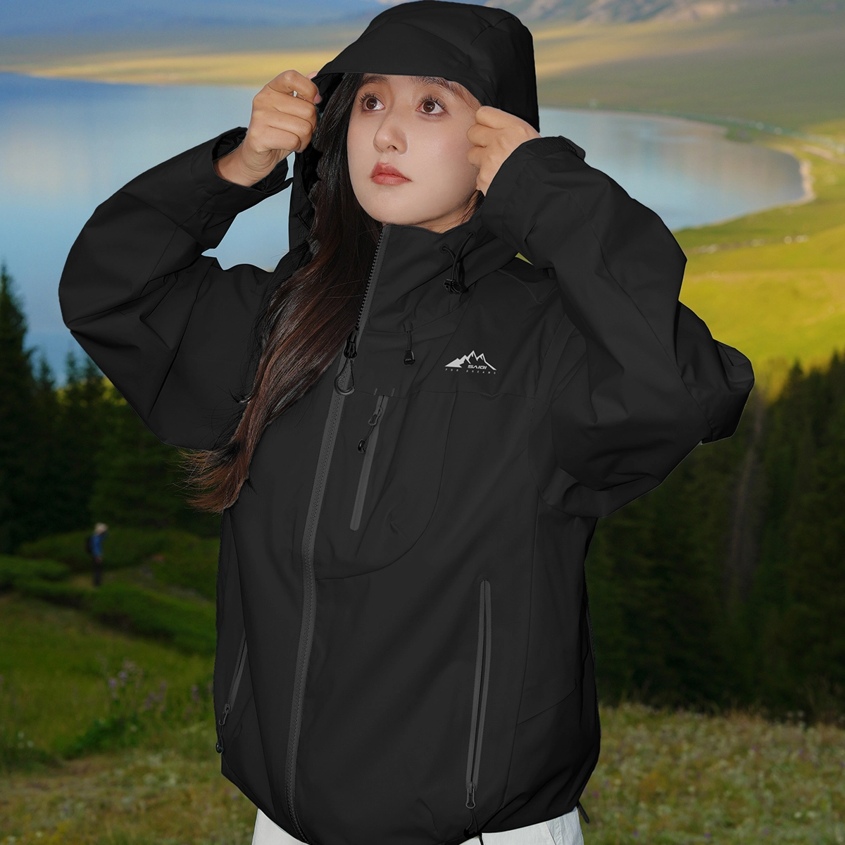 赛琪 美式复古纯色基础款机能风透气城市户外登山徒步露营穿搭工装防风防水宽松运动休闲连帽拉链长袖夹克外套 男女同款