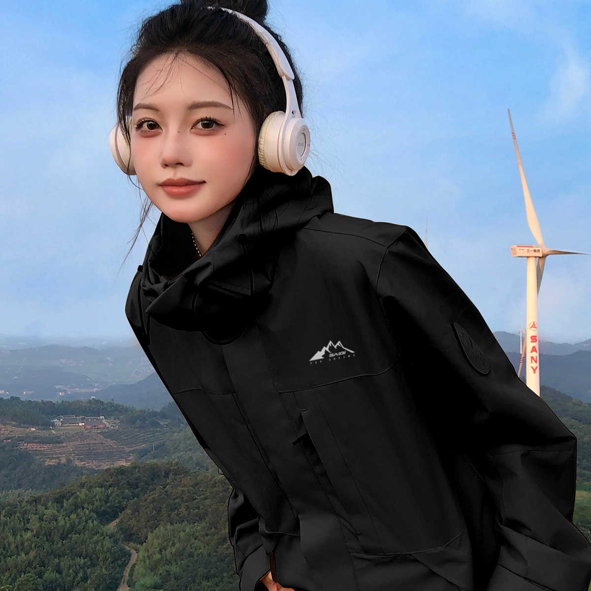 赛琪 户外简约纯色基础款防风防水连帽登山骑行露营徒步宽松休闲百搭加绒加厚内胆三合一夹克绒感外套 男女同款