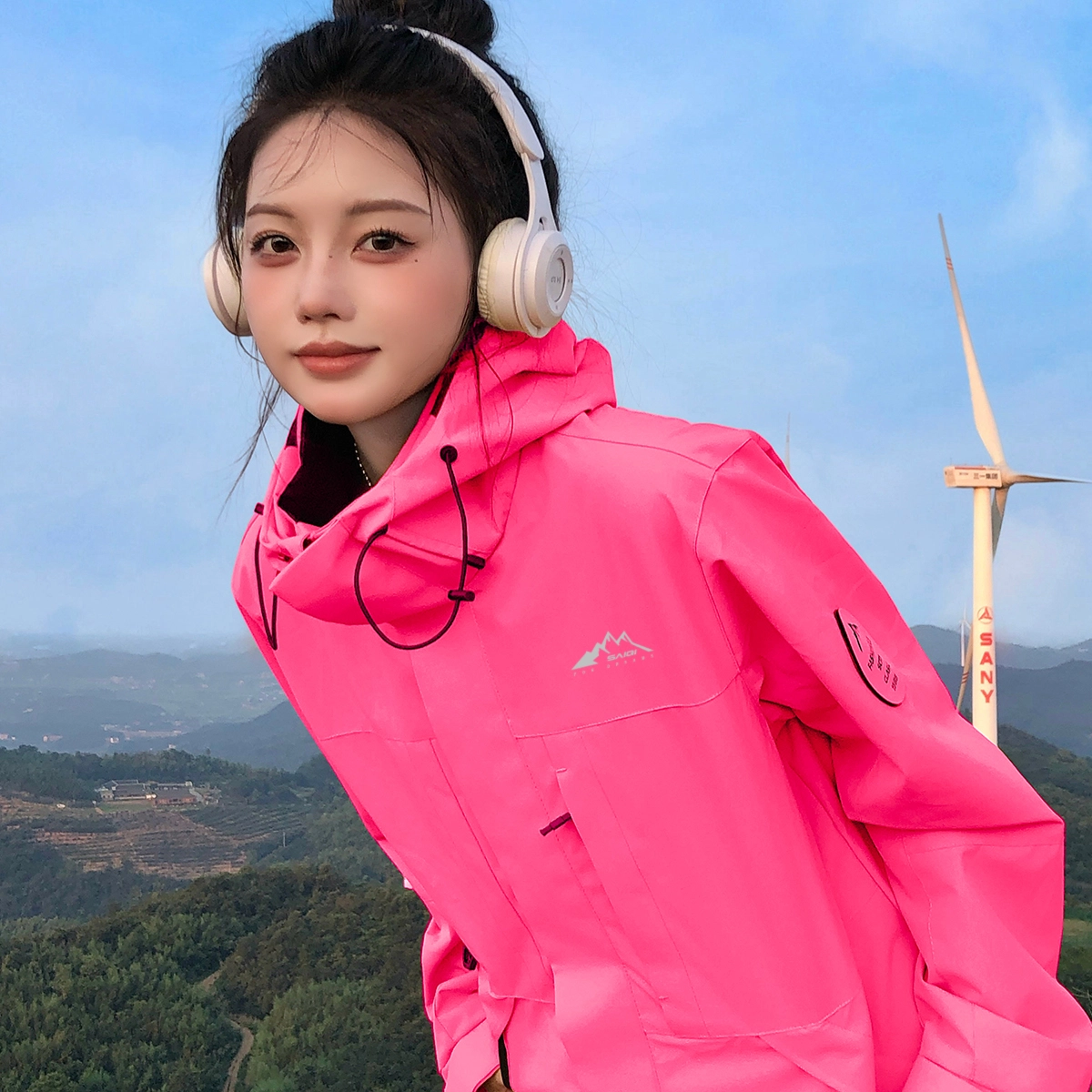 赛琪 户外简约纯色基础款防风防水连帽登山骑行露营徒步宽松休闲百搭加绒加厚内胆三合一夹克绒感外套 男女同款