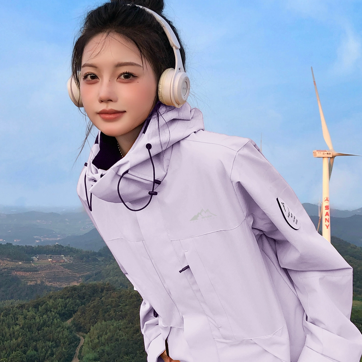 赛琪 户外简约纯色基础款防风防水连帽登山骑行露营徒步宽松休闲百搭加绒加厚内胆三合一夹克绒感外套 男女同款