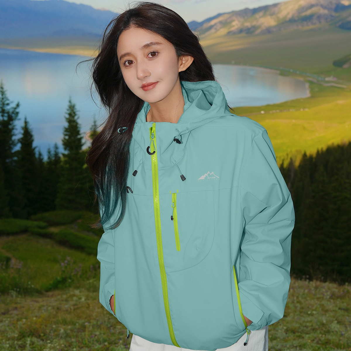 赛琪 美式复古纯色基础款机能风透气城市户外登山徒步露营穿搭工装防风防水宽松运动休闲连帽拉链长袖夹克外套 男女同款