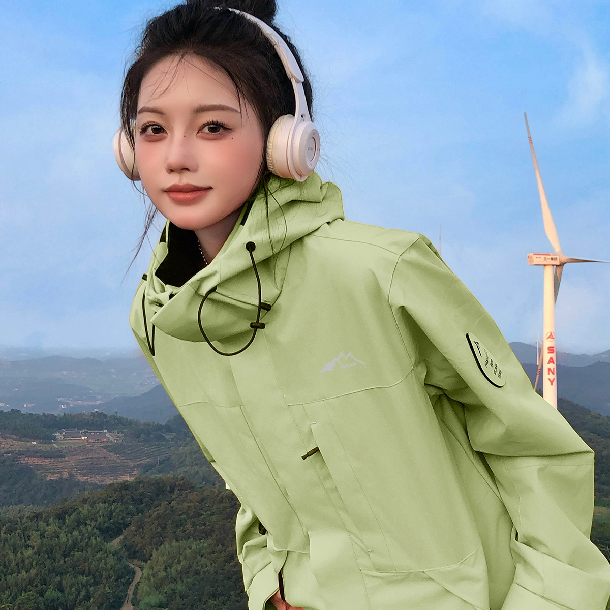 赛琪 户外简约纯色基础款防风防水连帽登山骑行露营徒步宽松休闲百搭加绒加厚内胆三合一夹克绒感外套 男女同款