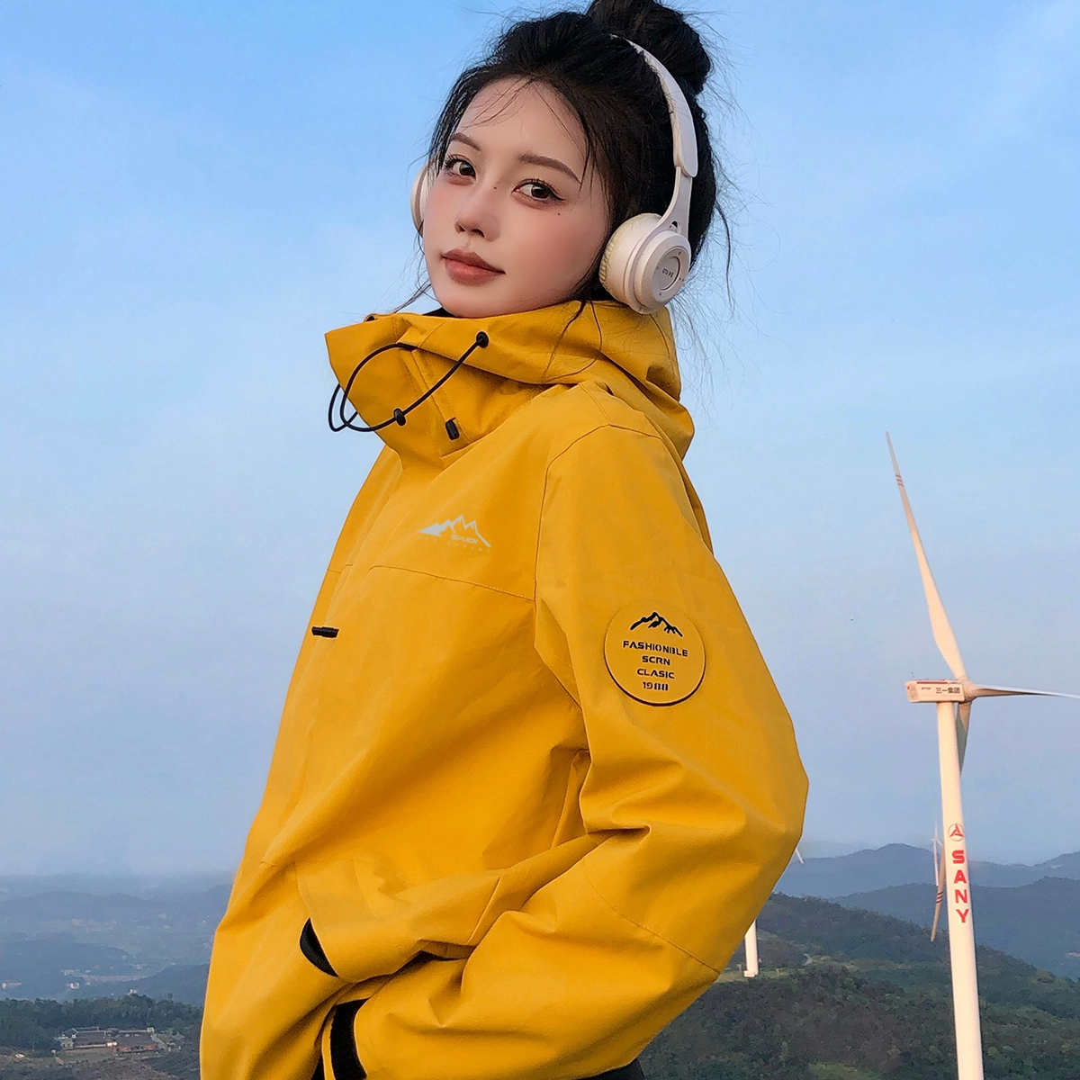 赛琪 户外简约纯色基础款防风防水连帽登山骑行露营徒步宽松休闲百搭加绒加厚内胆三合一夹克绒感外套 男女同款