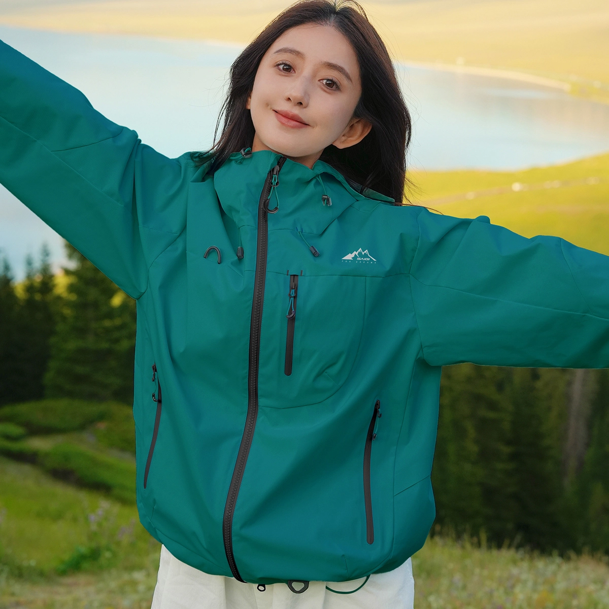 赛琪 美式复古纯色基础款机能风透气城市户外登山徒步露营穿搭工装防风防水宽松运动休闲连帽拉链长袖夹克外套 男女同款