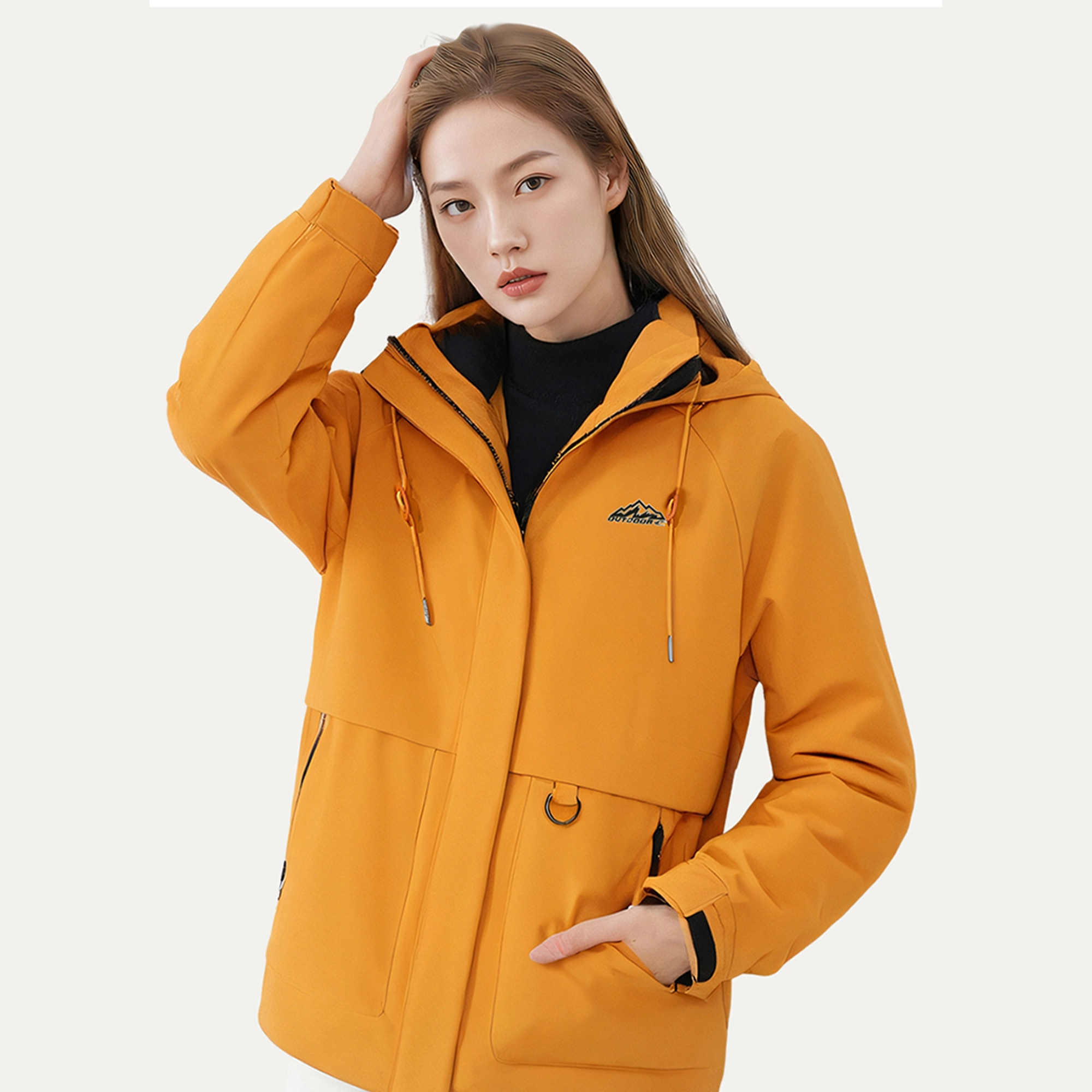 赛琪 玫瑰的故事户外登山防风防水机能风宽松百搭美拉德飞行员口袋工装休闲百搭连帽夹克外套 女款 向日葵色
