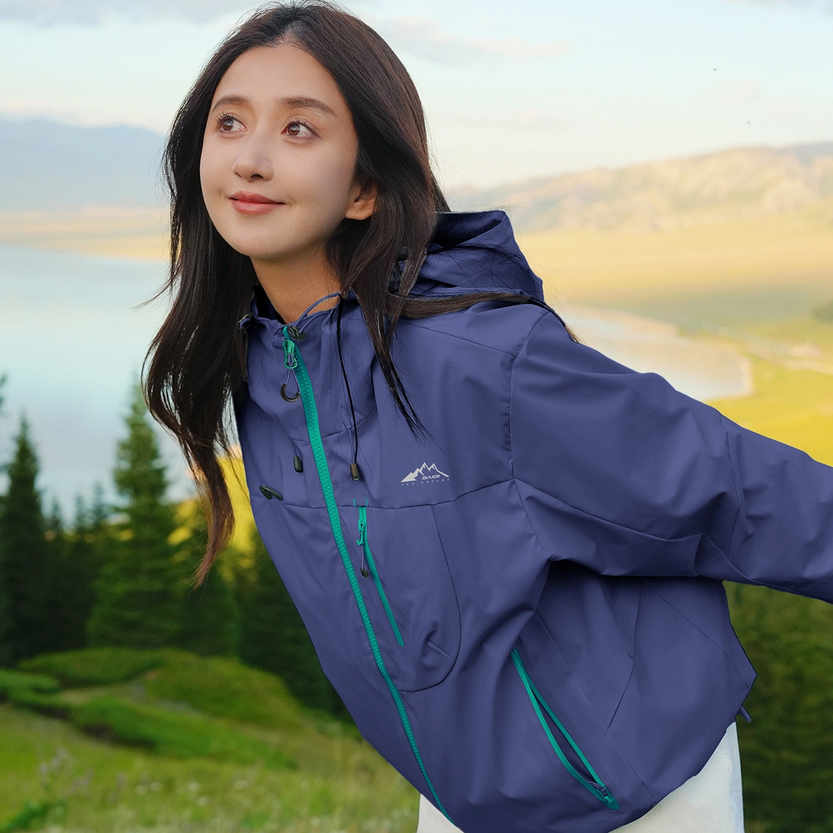 赛琪 美式复古纯色基础款机能风透气城市户外登山徒步露营穿搭工装防风防水宽松运动休闲连帽拉链长袖夹克外套 男女同款