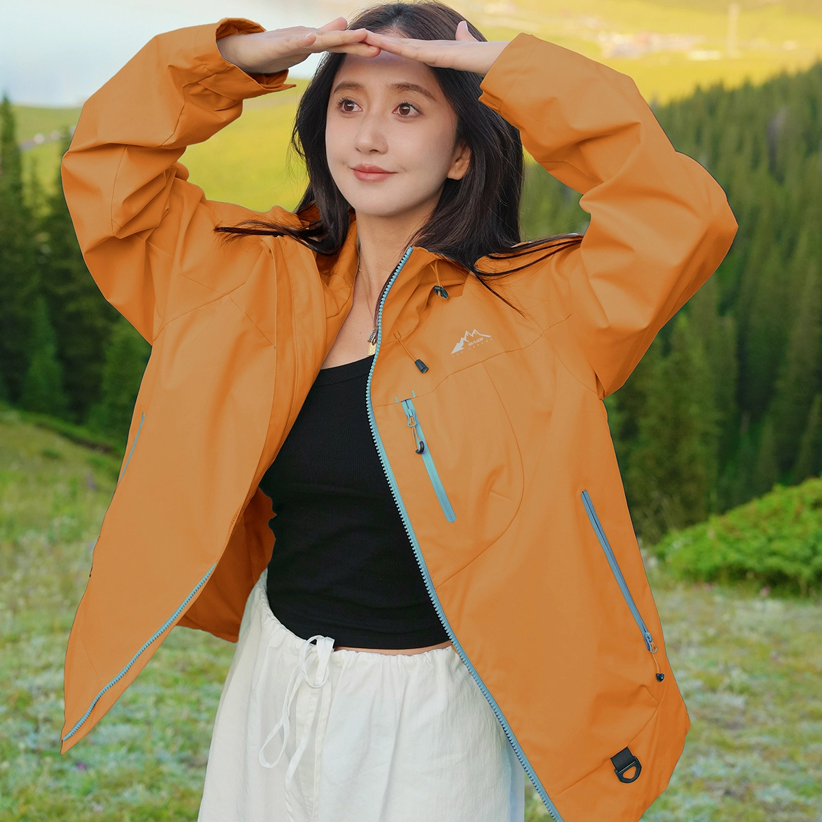 赛琪 美式复古纯色基础款机能风透气城市户外登山徒步露营穿搭工装防风防水宽松运动休闲连帽拉链长袖夹克外套 男女同款