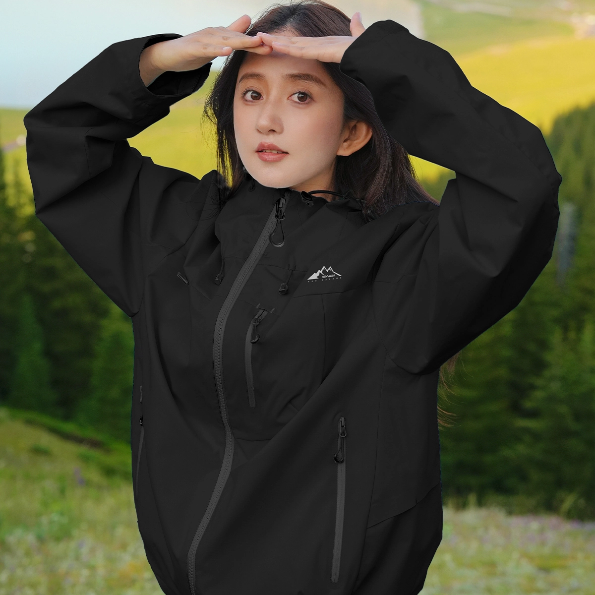 赛琪 美式复古纯色基础款机能风透气城市户外登山徒步露营穿搭工装防风防水宽松运动休闲连帽拉链长袖夹克外套 男女同款