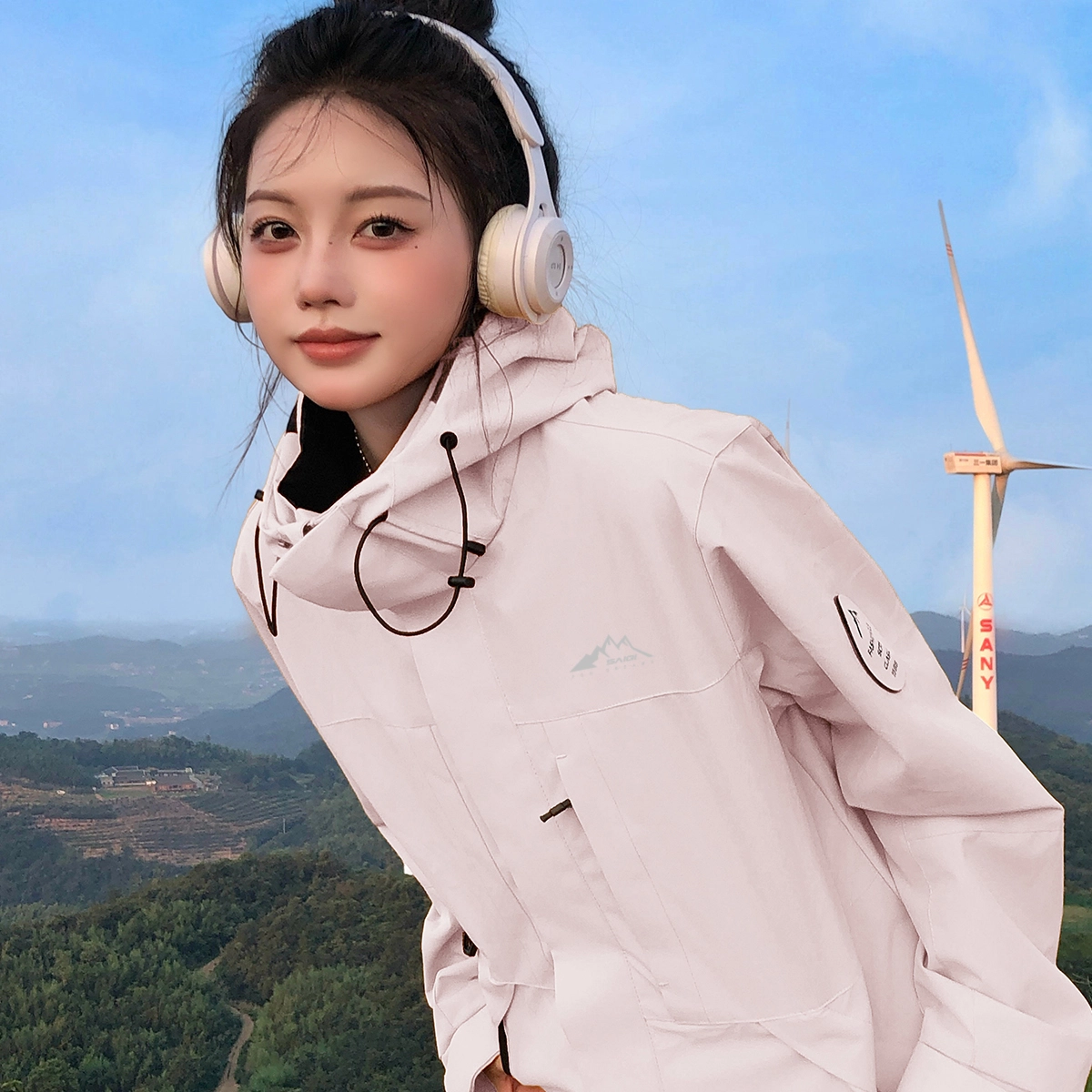 赛琪 户外简约纯色基础款防风防水连帽登山骑行露营徒步宽松休闲百搭加绒加厚内胆三合一夹克绒感外套 男女同款