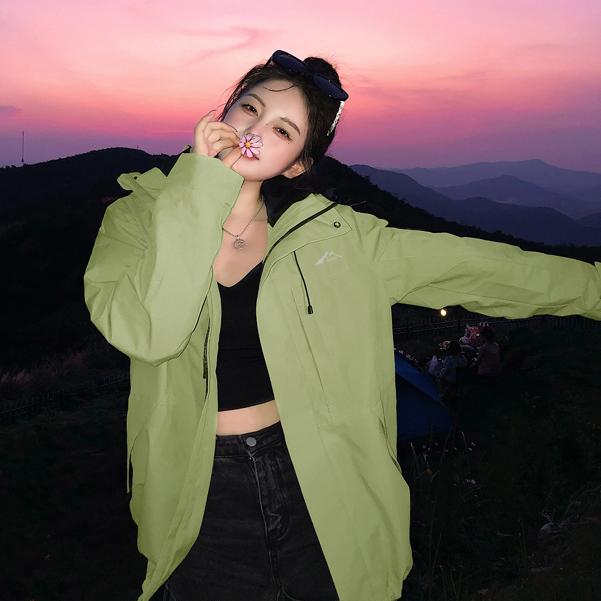 赛琪 户外简约纯色基础款防风防水连帽登山骑行露营徒步宽松休闲百搭加绒加厚内胆三合一夹克绒感外套 男女同款