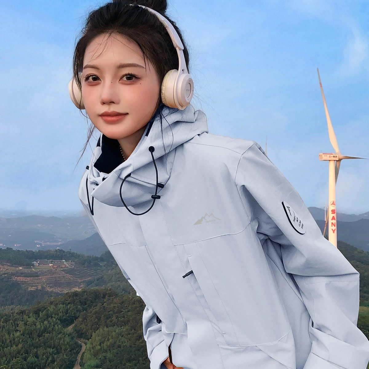 赛琪 户外简约纯色基础款防风防水连帽登山骑行露营徒步宽松休闲百搭加绒加厚内胆三合一夹克绒感外套 男女同款