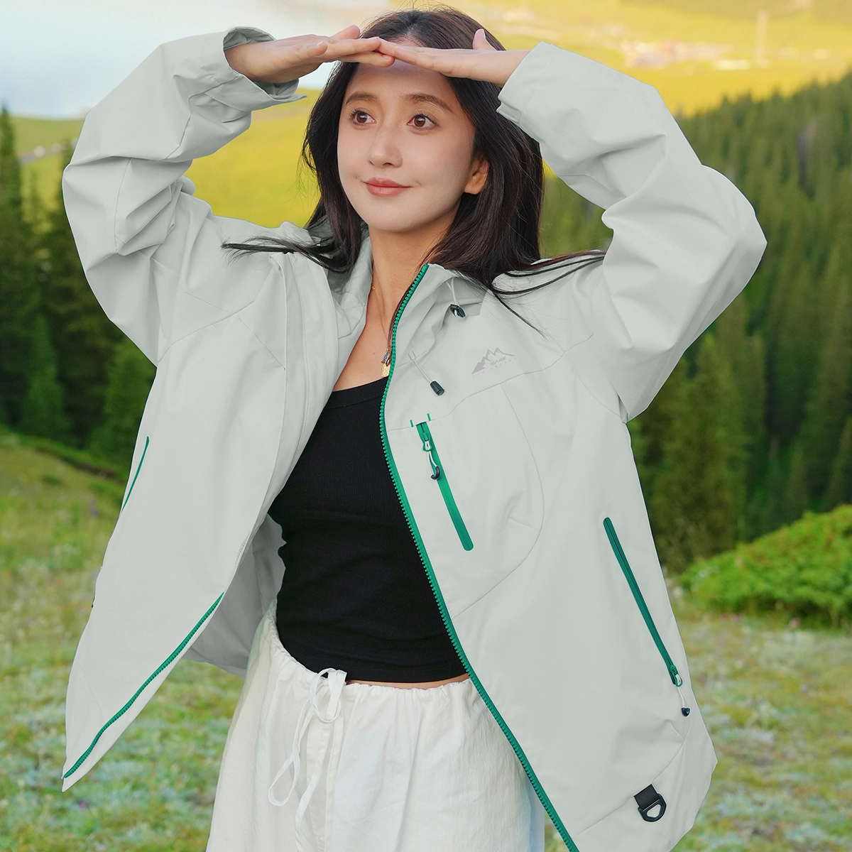 赛琪 美式复古纯色基础款机能风透气城市户外登山徒步露营穿搭工装防风防水宽松运动休闲连帽拉链长袖夹克外套 男女同款