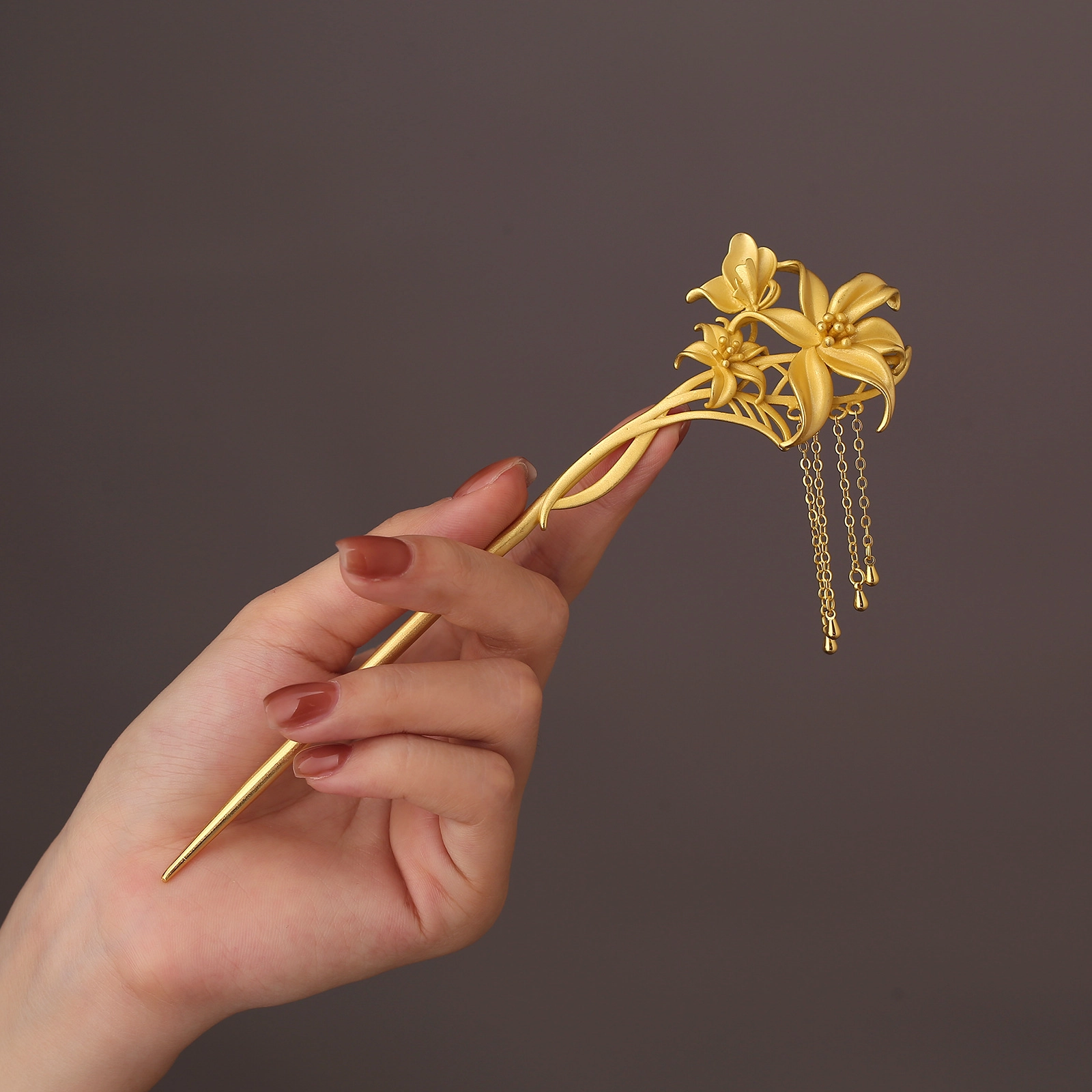 聆听花开 百合花新中式复古高级感小众个性简约国风典雅磨砂古风汉服旗袍盘发精致优雅气质流苏 合金 发簪 女款