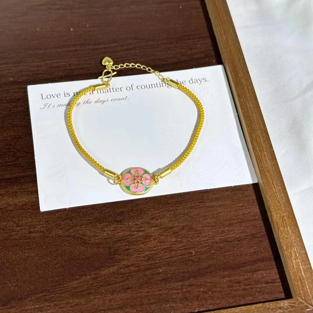 聆听花开 新中式古法金色花朵手饰 异域风珐琅彩精致高级感 高颜值仙女仙气个性时尚百搭配饰 合金 手链 女款