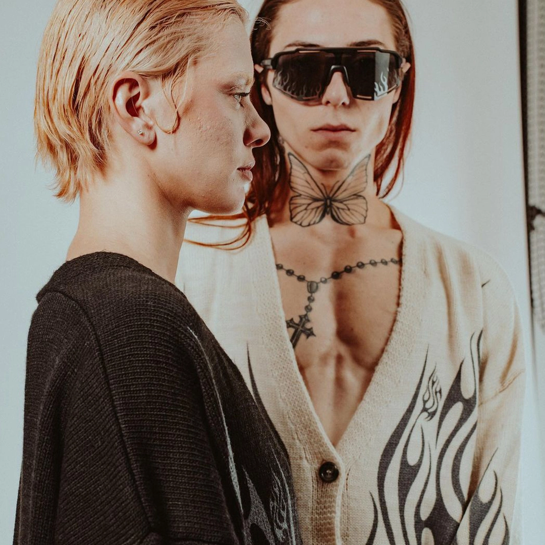 Vision of Super White Cardigan With Black Tribal Flames V
