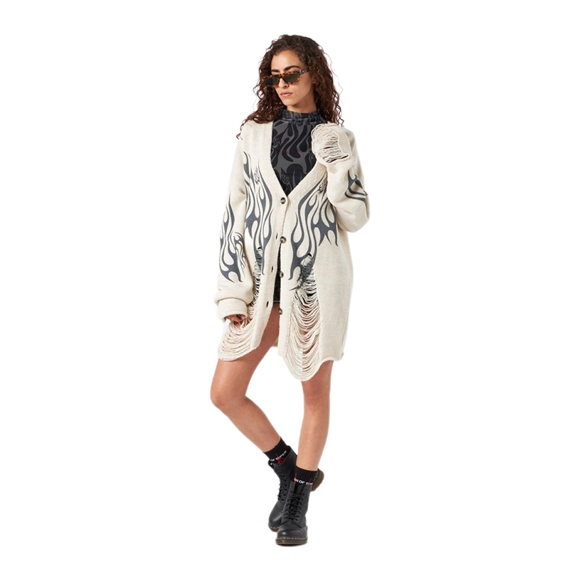 Vision of Super White Cardigan With Black Tribal Flames V