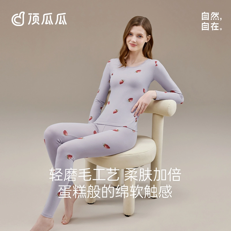顶瓜瓜 印花纯棉舒适贴身蕾丝边圆领上衣长裤保暖套装 女款