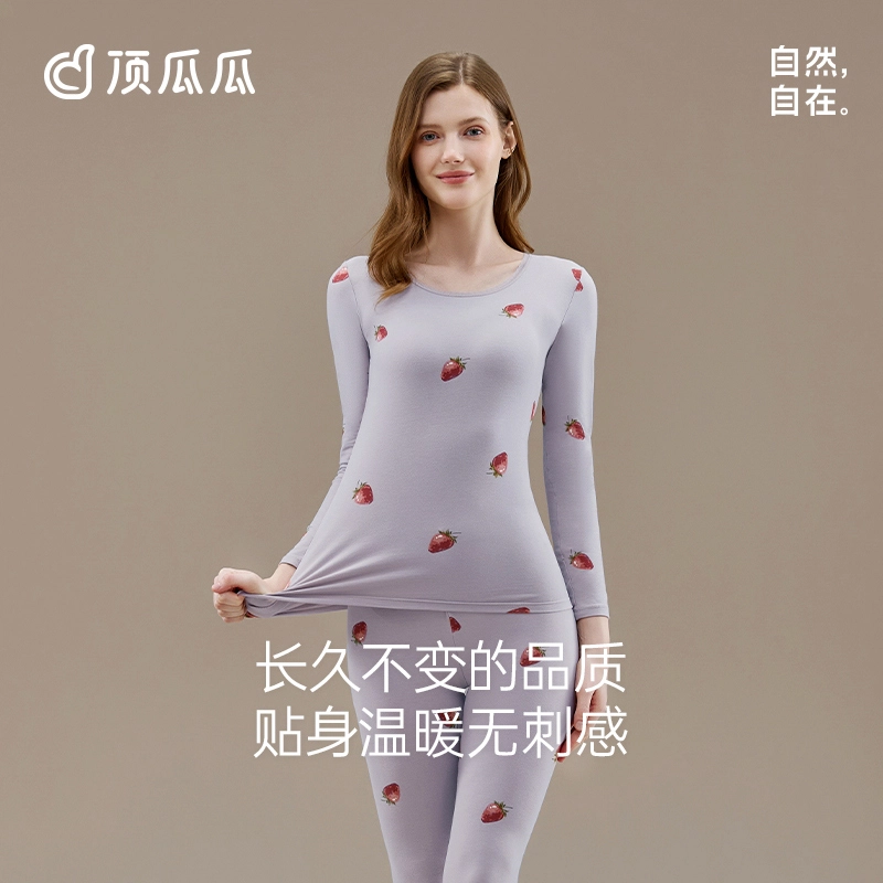 顶瓜瓜 印花纯棉舒适贴身蕾丝边圆领上衣长裤保暖套装 女款