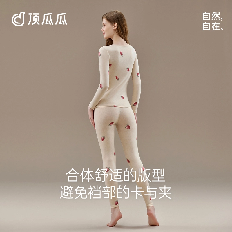 顶瓜瓜 印花纯棉舒适贴身蕾丝边圆领上衣长裤保暖套装 女款