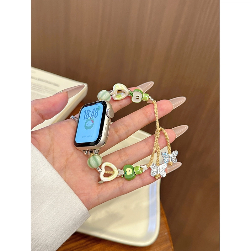 潮流腕 表带 苹果适用 串珠材质 表带绿色编织爱心苹果夏天腕带男女通用