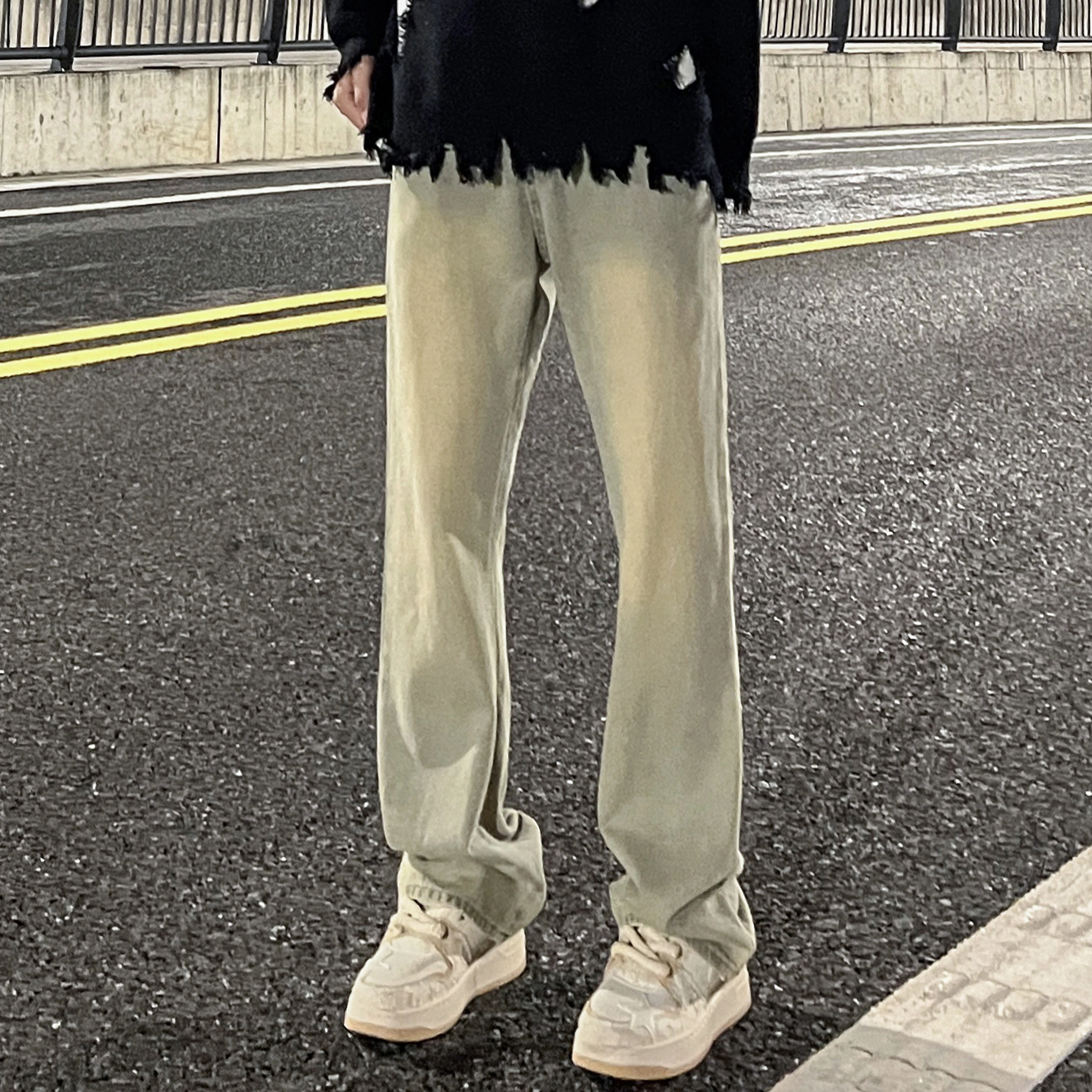 尘映 美式高街复古废土风水洗做旧直筒微喇弹力百搭宽松垂感显瘦显高染休闲长裤牛仔裤 男女同款