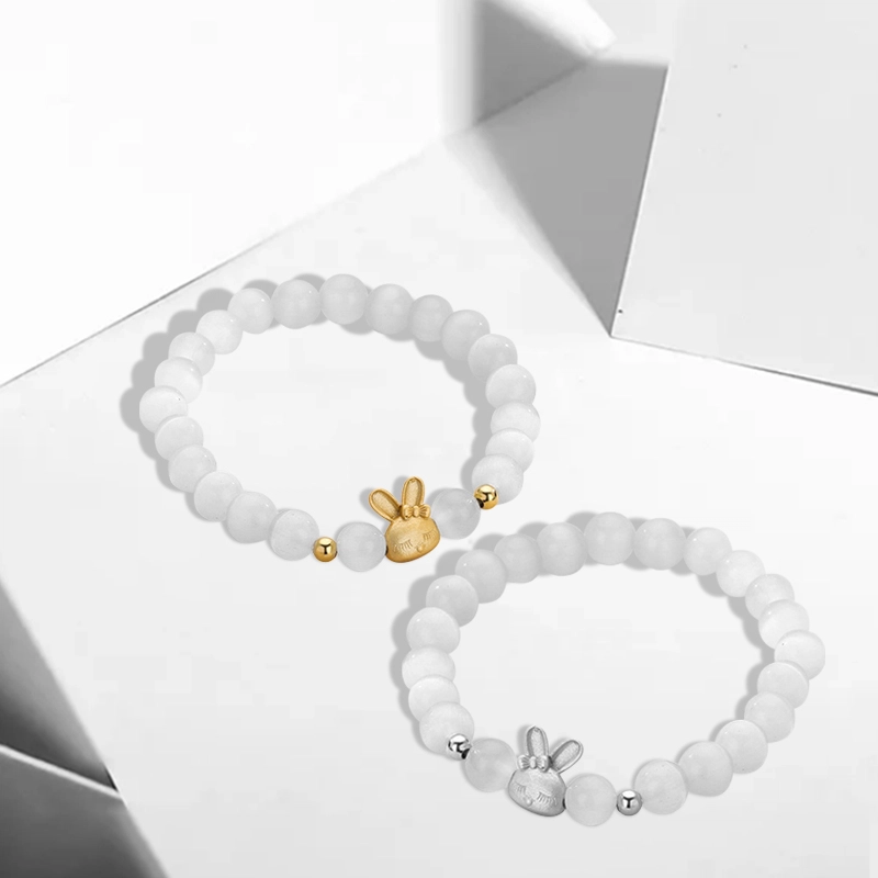 晶莱欧 猫眼石兔子简约甜美 本命年立体萌趣造型创意小众圆珠串珠可调节弹力绳兔子手饰 手串 女款 礼物