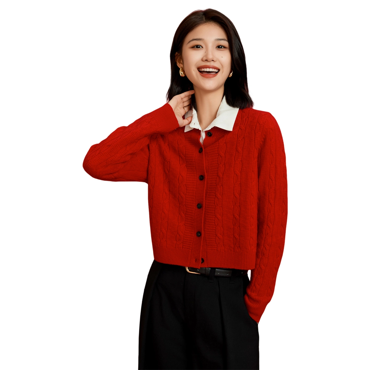 恒源祥 纽扣绞花休闲舒适开衫毛衣 女款