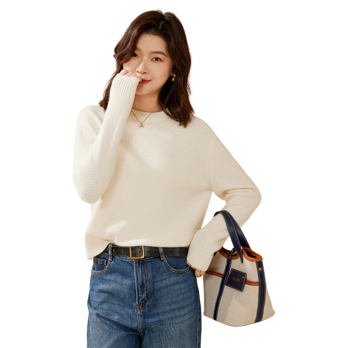 恒源祥 纯羊毛圆领套头时尚通勤花纱纯色长袖毛衣 女款